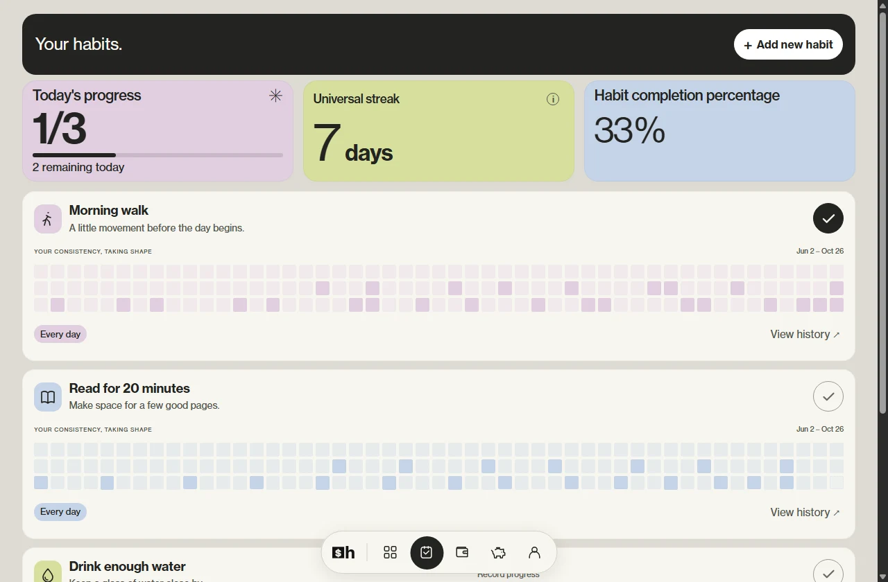 Habits page with daily completion, a streak summary, and three rows of history cells for each habit. Sample data.