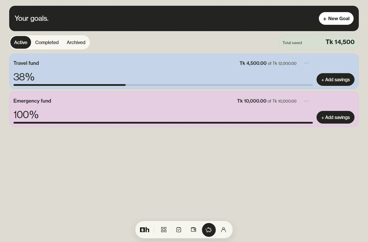 Savings page with named goals, target amounts, saved balances, and contribution controls. Sample data.